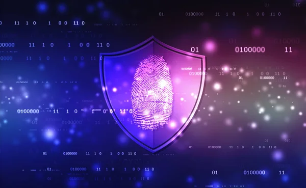 Abstract security system concept with fingerprint with shield on technology background, Fingerprint Scanning Identification System. Biometric Authorization and Business and cyber Security Concept
