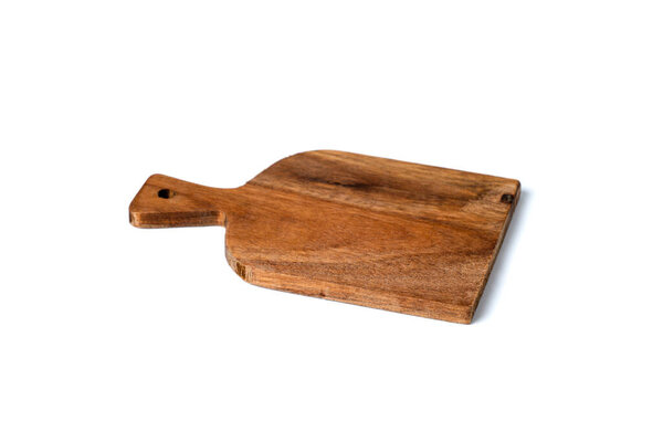 wooden chopping board with handles and hanging hole. isolated