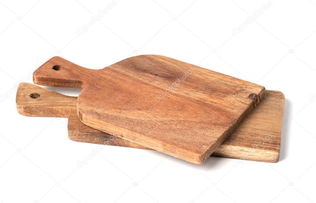 wooden chopping board with handles and hanging hole. isolated