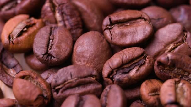 Grãos de café torrados castanhos. Grãos de café. Sementes de café naturais.Close-up. — Vídeo de Stock