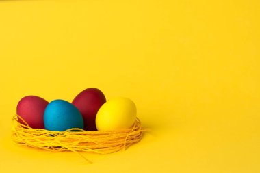 Sarı arka planda boyalı tavuk yumurtası. Paskalya yumurtaları. kopyalama alanı