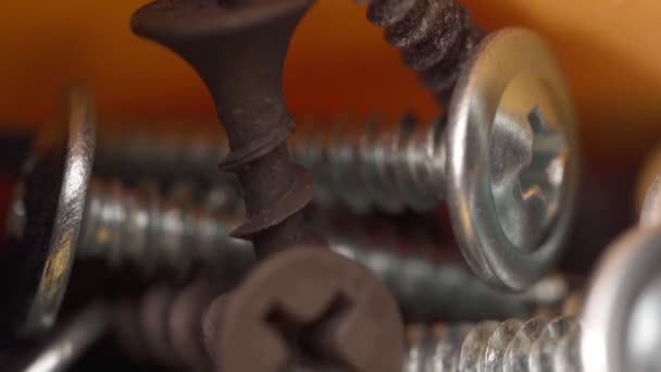 A lot of self-tapping screws close up. Working tools in the drawer. — Stock Video