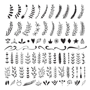 Elle çizilmiş vintage çiçek öğeleri kümesi