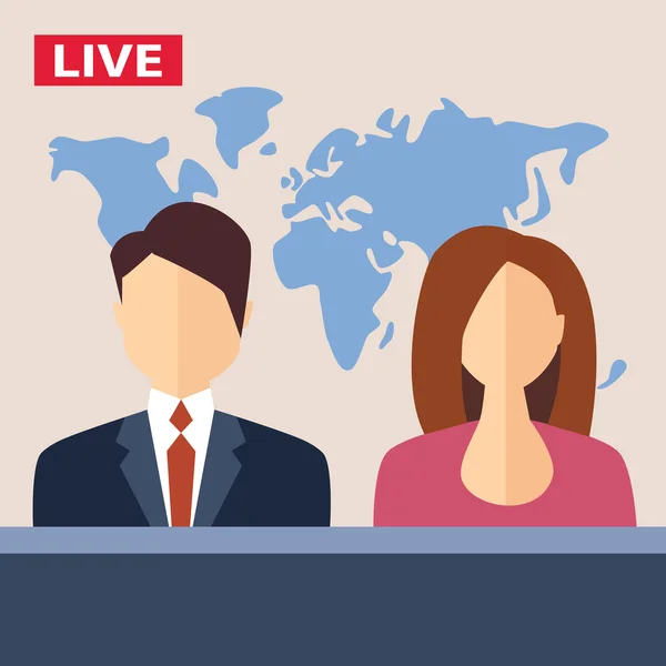 Male and female TV presenters sit at the table live — Stock Vector