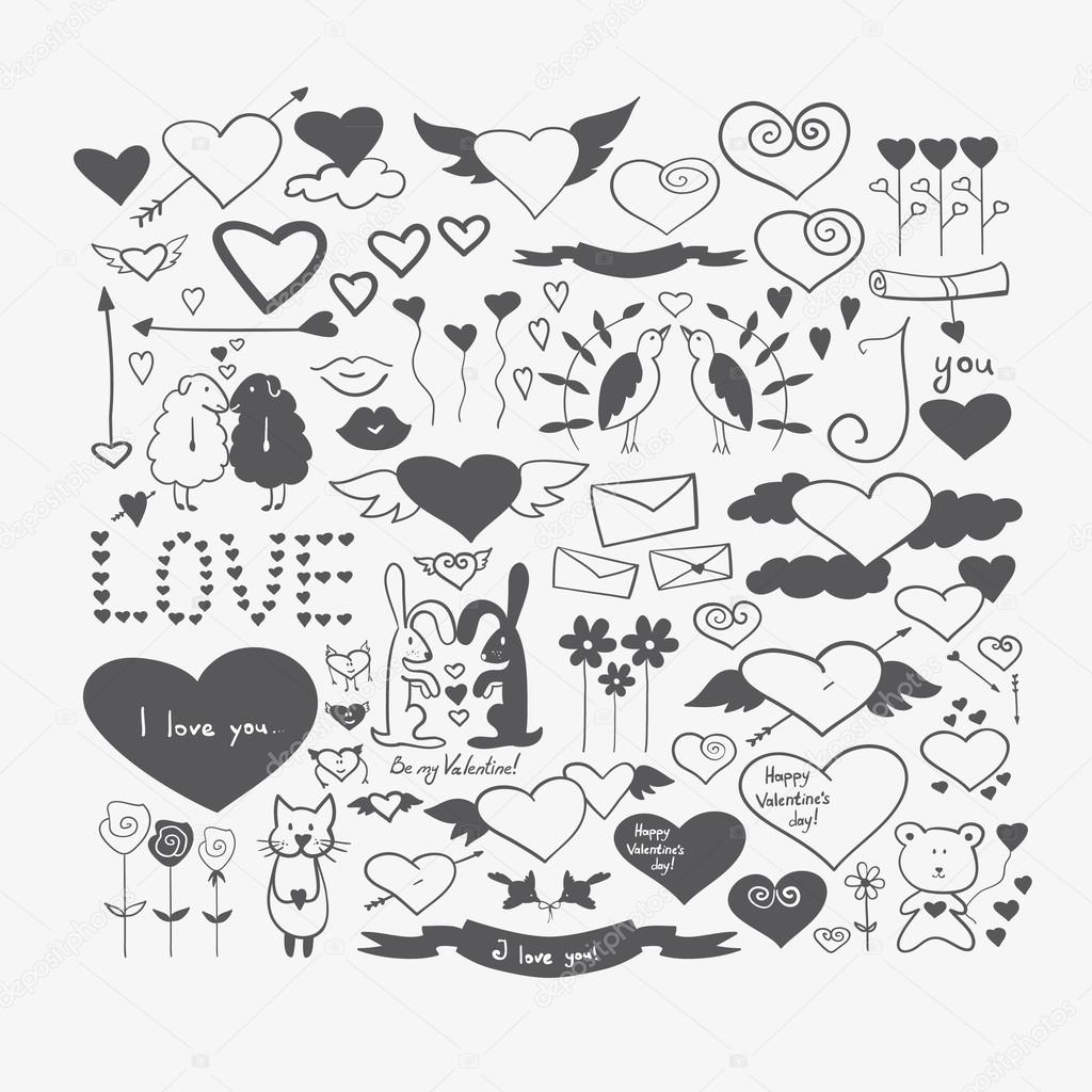 Hand drawn doodle heart shaped Valentine's elements.