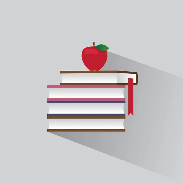 Pila de símbolos de libros y manzana roja — Vector de stock