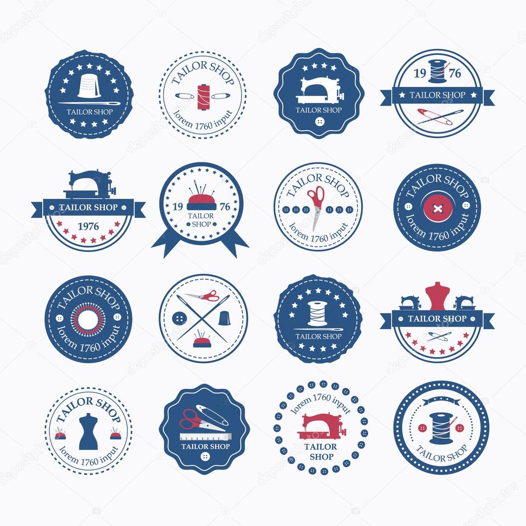 Set of vintage tailor labels, emblems and designed elements. Tailor shop.Vector