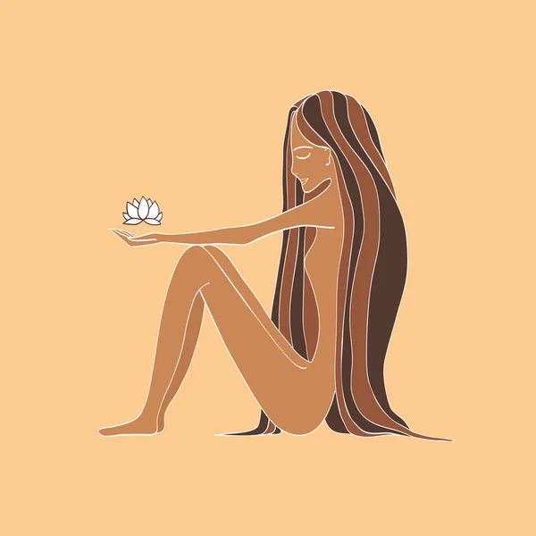 bir Lotus çiçeği tutan güzel genç kadın