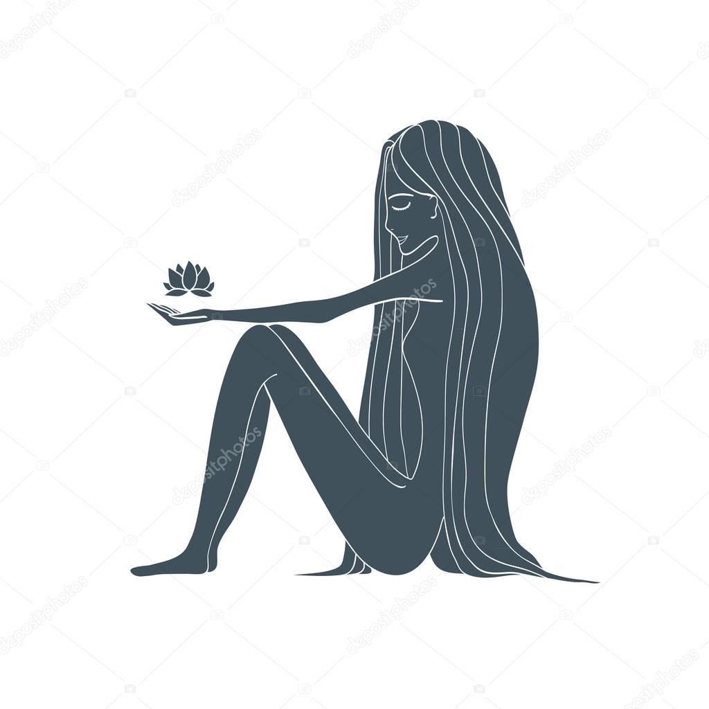 Silhouette of a beautiful young woman holding a Lotus flower. Vector