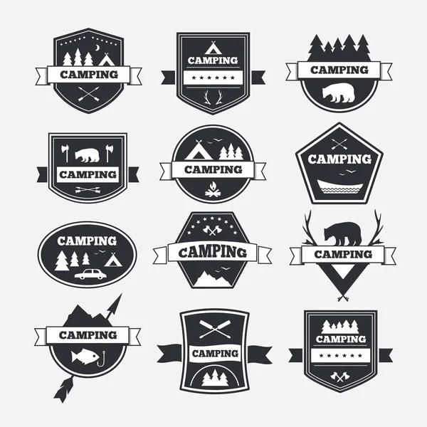 Set de camping de epocă și colecție de logo-uri de activitate în aer liber — Vector de stoc