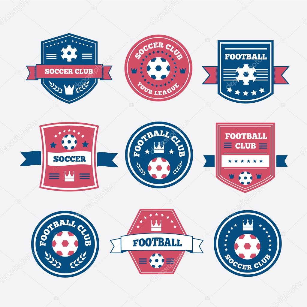 Set of football or soccer emblems, labels and badges with ribbon banners, laurel wreaths, circular frame, crown and text