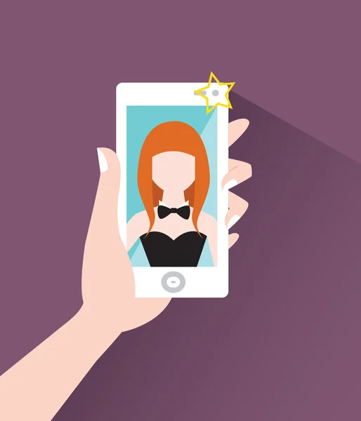 Redhead girl makes selfie on smart phone — Stock Vector