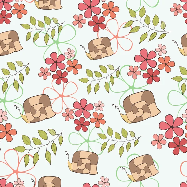 Seamless mönster söta tecknade snigel och blommor — Stock vektor