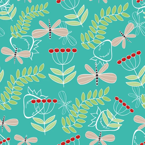 Seamless mönster söta tecknade dragonfly och växter — Stock vektor