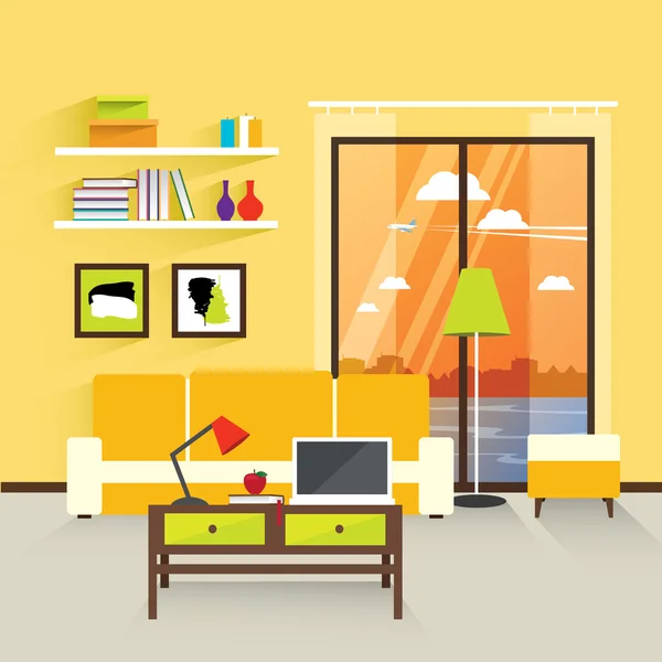 Moderno salón interior en amarillo — Vector de stock