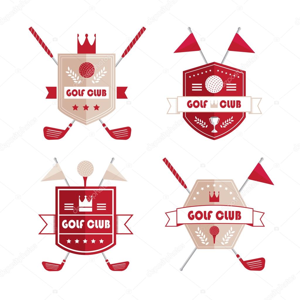 Set of golf or golf emblems, labels and badges with ribbon banners, laurel wreaths, circular frame, crown and text