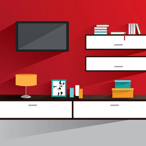 Interior de una sala de estar con paredes rojas y muebles — Vector de stock