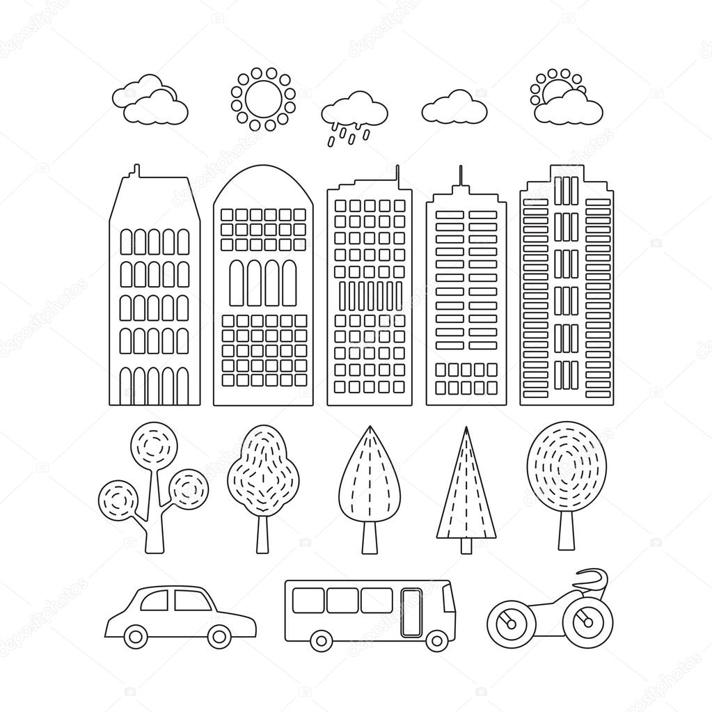 City architecture in a modern linear style. Modern city elements of the city, buildings, trees and cars. Houses on an isolated background. Design elements for city illustration or map