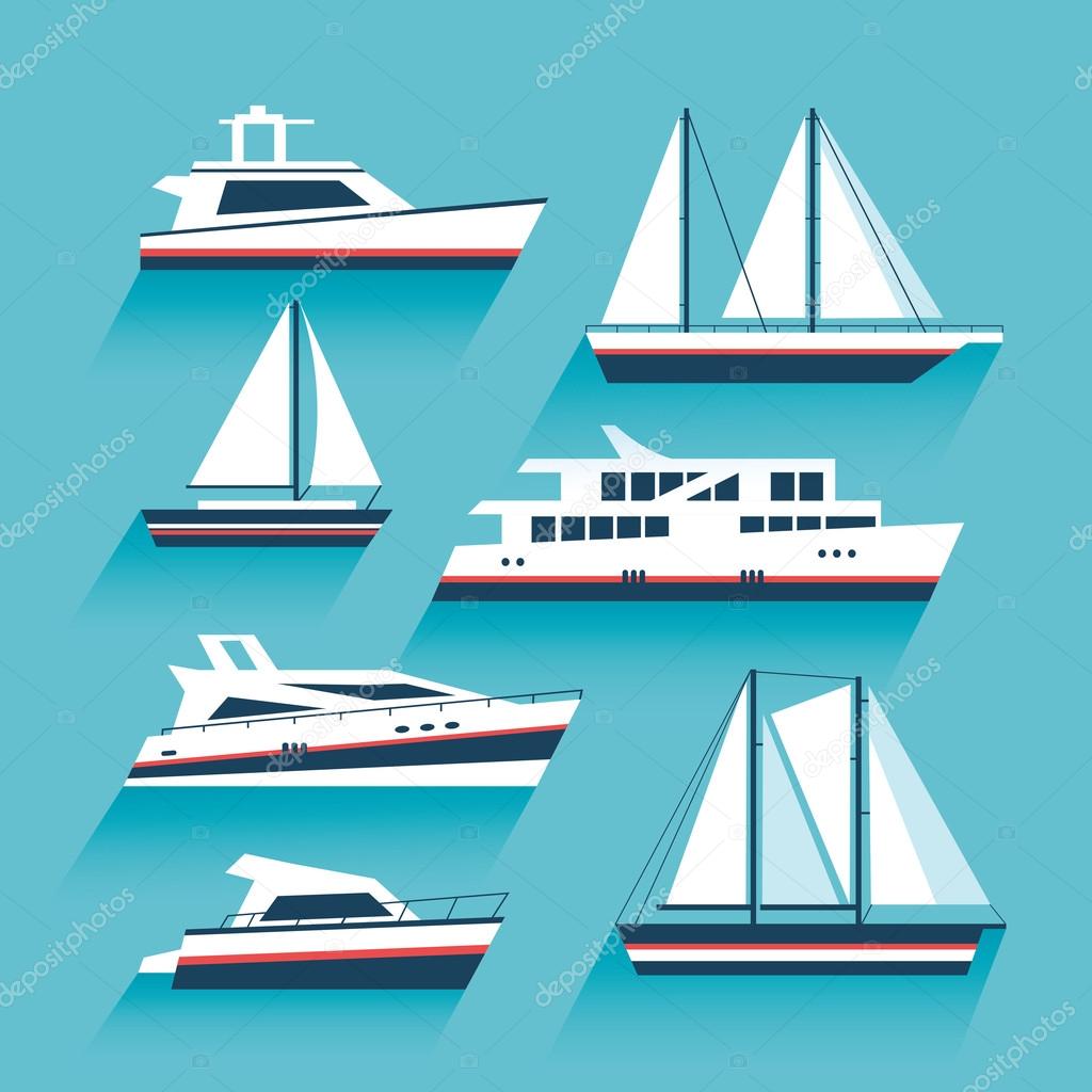 Yachting. Set of yachts and maritime transport. Ship cruise yacht icon set in modern flat style. Yacht icons. Boat and ship icons set. Vector design illustration