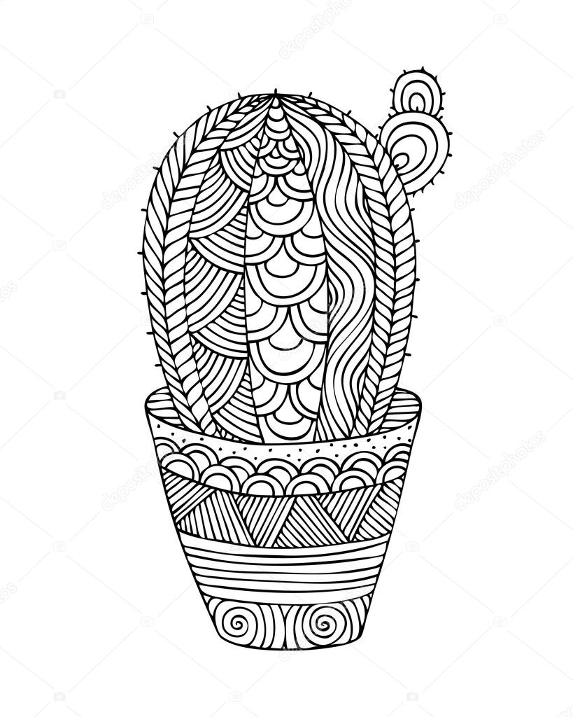 Adult coloring book page design with a picture of a cactus