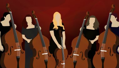 Silhouette of cello players (musicians) on red background clipart