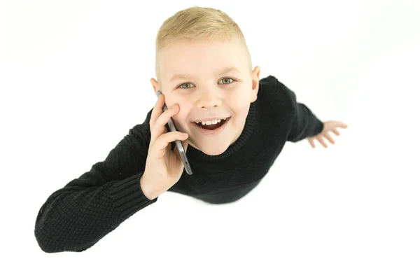Šťastný Chlapec Telefon Bílém Pozadí Pohled Shora — Stock fotografie