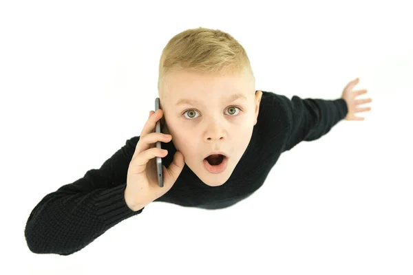 Sokkos Fiú Telefon Fehér Háttérben Kilátás Felülről — Stock Fotó