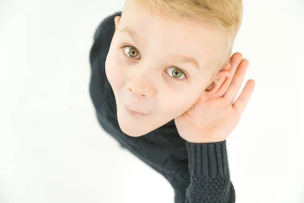 Boy Hold His Hand Ear Grimace View — Stock Photo, Image