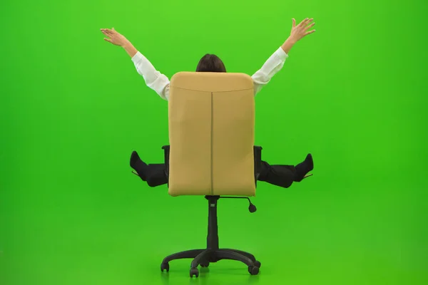 Woman Sitting Gesture Chair Green Background — Stock Photo, Image