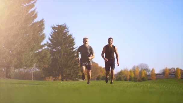 草の上を走っている二人の男 スローモーション — ストック動画