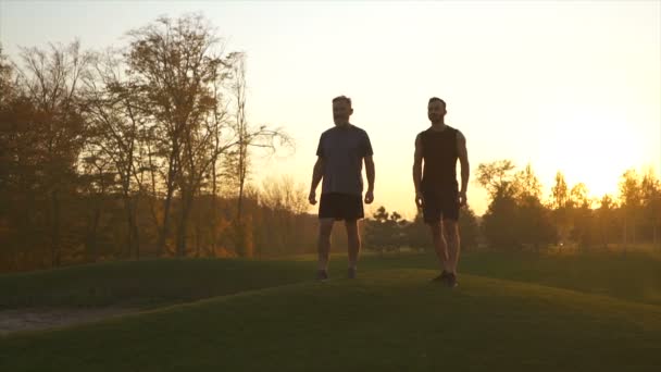 Ayah Dan Anak Menunjukkan Otot Pada Latar Belakang Matahari Terbenam — Stok Video