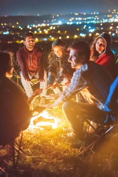 Happy People Warming Hands Bonfire Evening Night Time Stock Picture