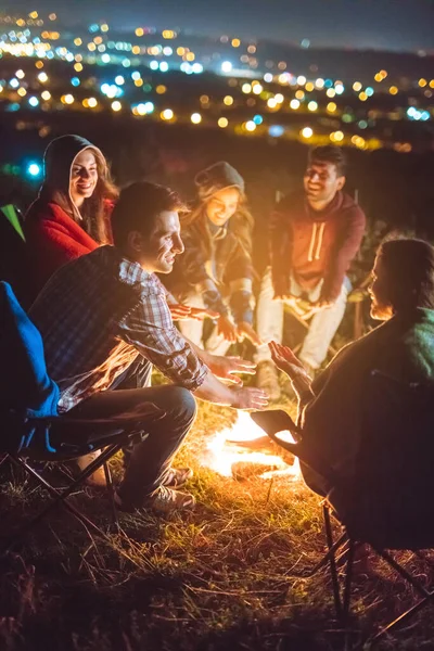 Happy People Warming Hands Bonfire Evening Night Time Stock Photo