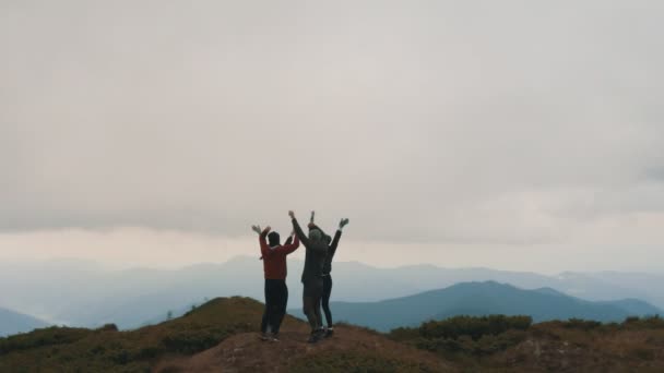 Los Amigos Felices Saltando Una Cima Montaña — Vídeo de stock