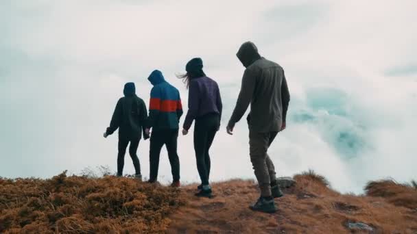 Four Hikers Walking Beautiful Mountain — Stock Video