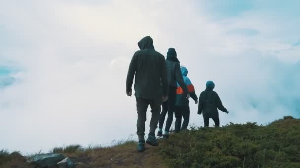 Four Hikers Walking Beautiful Mountain — Stock Video