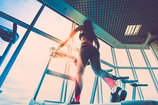 Woman Jogging Treadmill Cloud Background — Stock Photo, Image