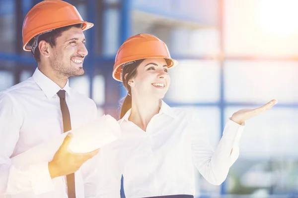 Two Engineers Paper Gesture Background Building — Stock Photo, Image