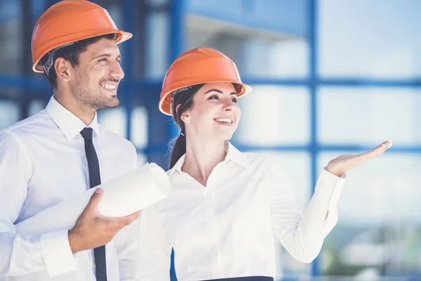 Two Engineers Paper Gesture Background Building — Stock Photo, Image
