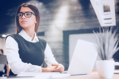 Masaüstünde dizüstü bilgisayarla çalışan güzel kadın.