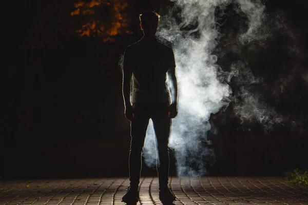 Man Stand Street Background Smoke Night Time — Stock Photo, Image