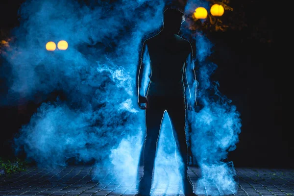 Man Stand Dark Street Background Blue Smoke Night Time — Stock Photo, Image