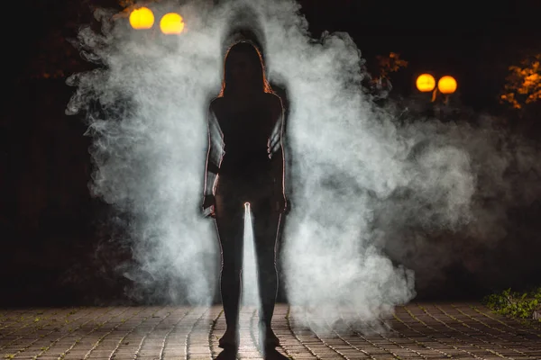 Woman Stand Dark Street Fume Background Night Time — Stock Photo, Image