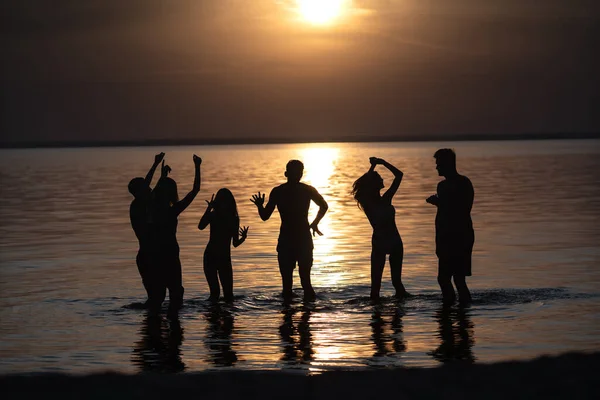 The evening beach party against the sunset