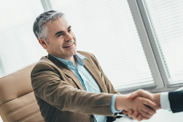 Happy Businessmen Handshaking Office — Stock Photo, Image