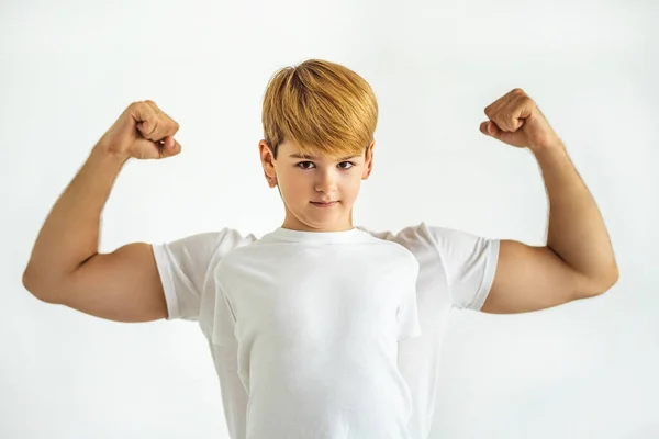 Boy Standing Ahead Muscular Man White Background — Stock Photo, Image