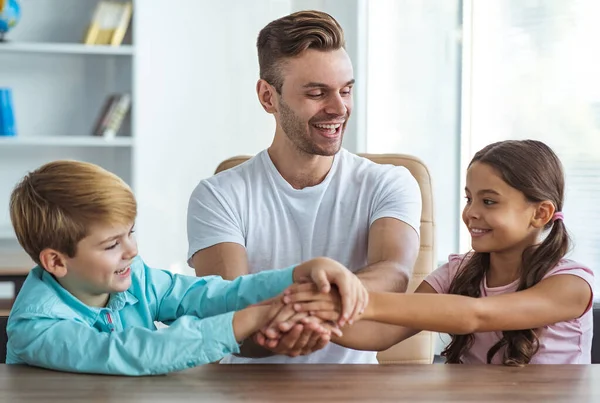 Happy Father Boy Girl Hold Hands Together Table — Stock Photo, Image