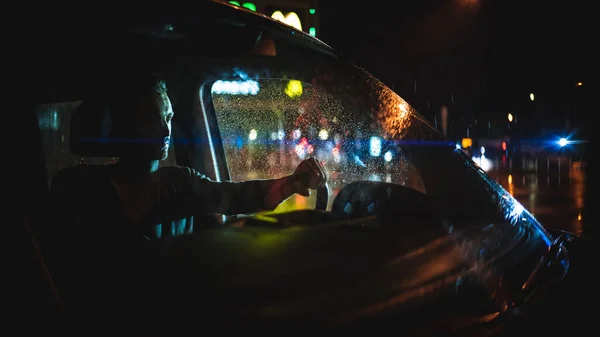 Handsome Man Sitting Car Night Rainy Street — Stock Photo, Image