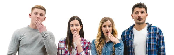 Four Surprised People Stand White Background — Stock Photo, Image