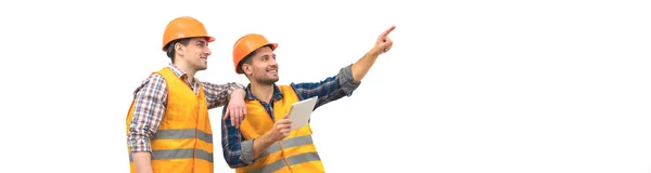 Die Beiden Ingenieure Mit Einer Tablet Geste Auf Dem Weißen — Stockfoto
